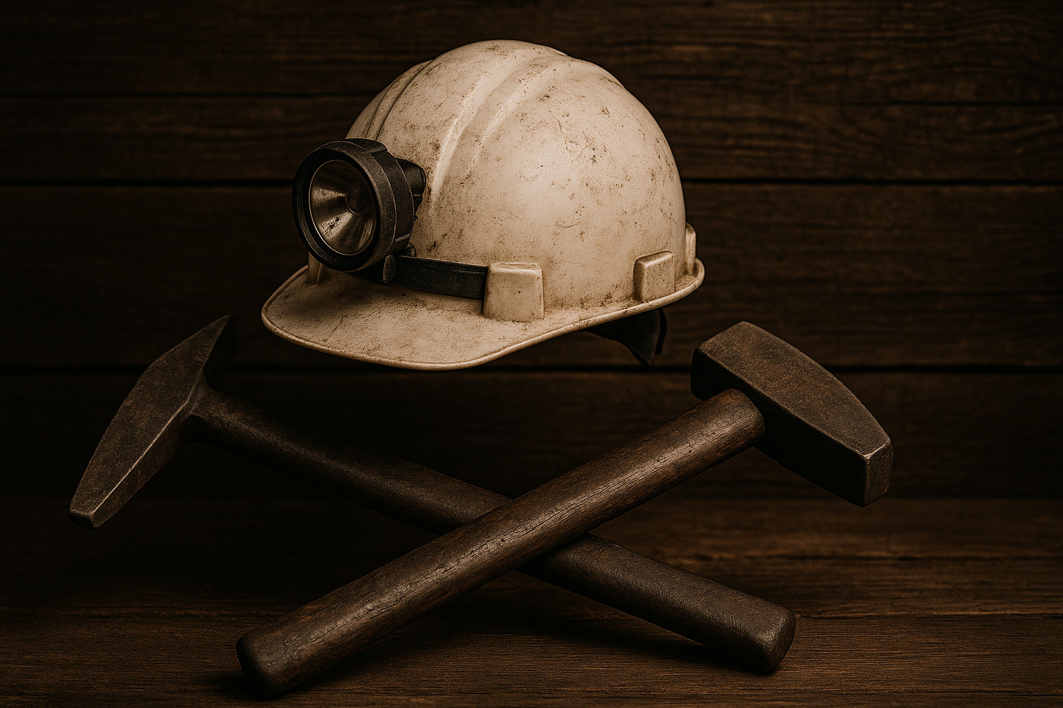 Verschmutzter Bergbauhelm mit Grubenlampe, liegend auf gekreuztem Schlägel und Eisen auf dunklem Holzhintergrund