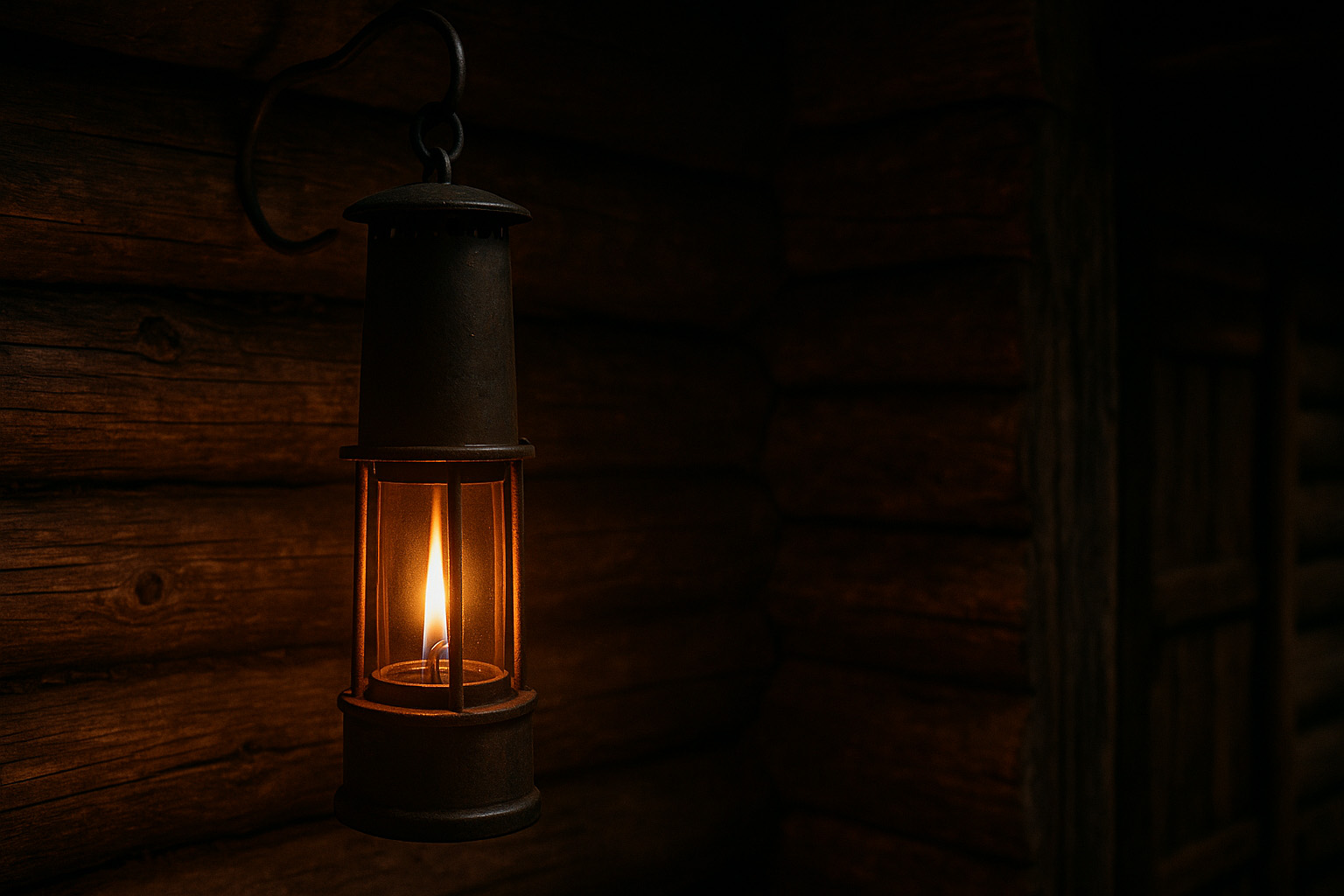 Brennende Grubenlampe mit Flamme, hängend vor einer hölzernen Wand in dunkler Umgebung