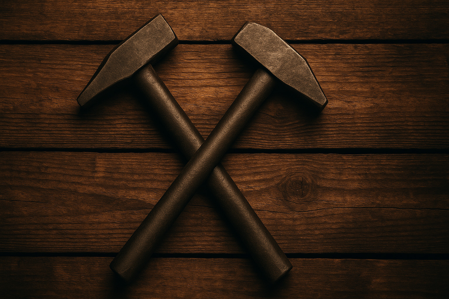 Zwei gekreuzte Werkzeuge – Schlägel und Eisen – auf rustikalem Holzuntergrund, symbolisch für den Bergbau.